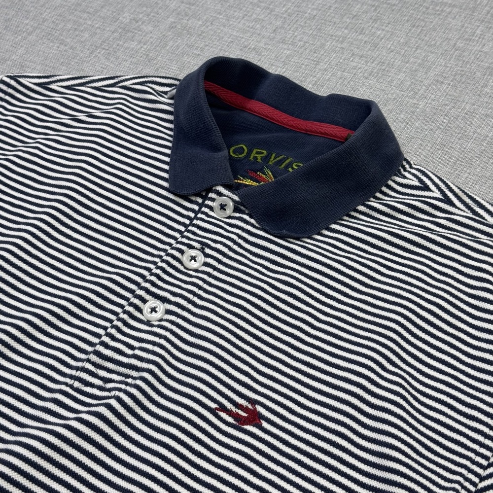 Orvis Polo Shirt Mens M Blue Striped Cotton Short Sleeve Knit Collared Logo